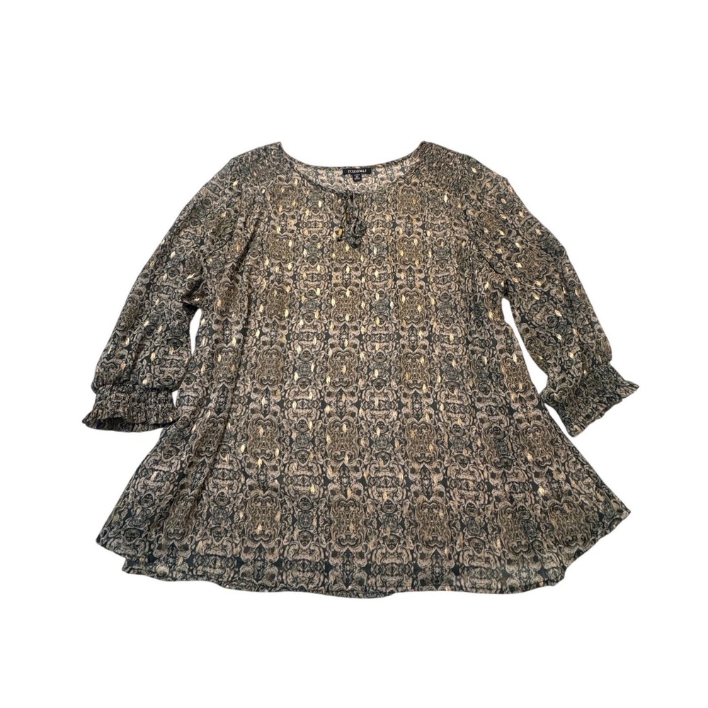 Roz & Ali Gold Metallic Filigree Print Tie Neck Blouse 3X Plus Size Top Boho